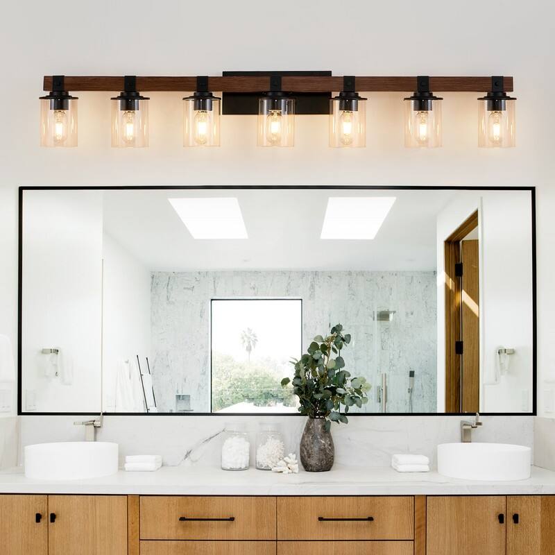 Vanity Light, Industrial Bathroom Wall Sconce with Glass Shades and Wood Accent, Modern Farmhouse Lighting Fixture (No Bulbs)