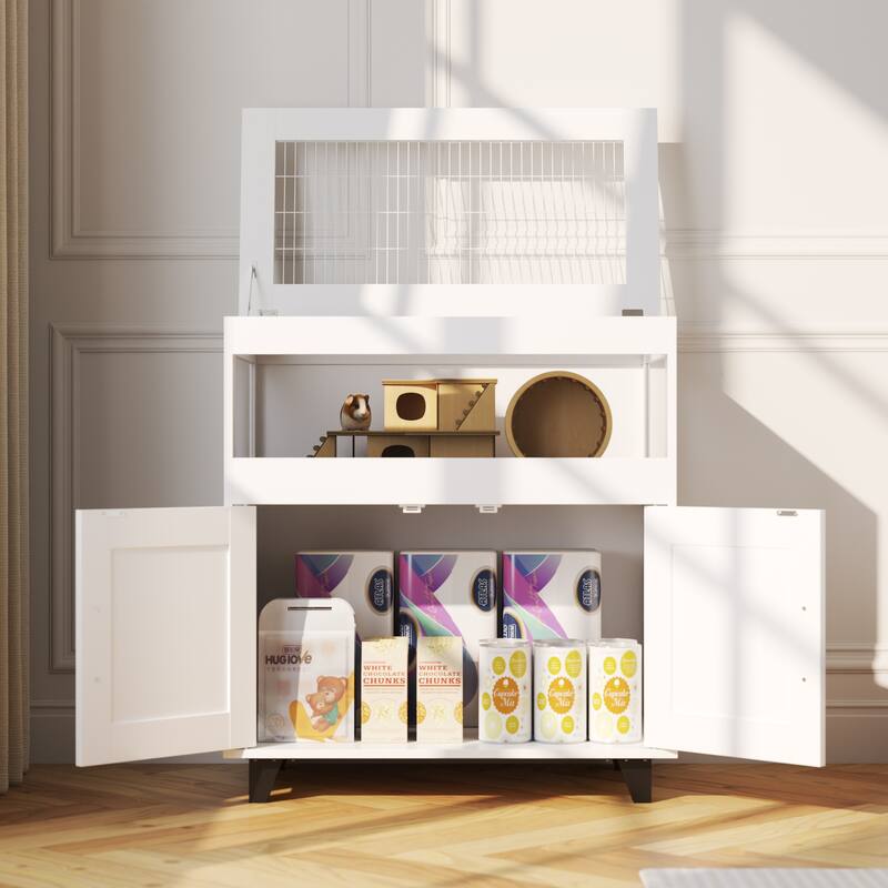 Home-Friendly White Pet Cage,Space-Saving with Storage,Clear-View Top & Enclosure,Rabbit,Hamsters,Guinea Pigs