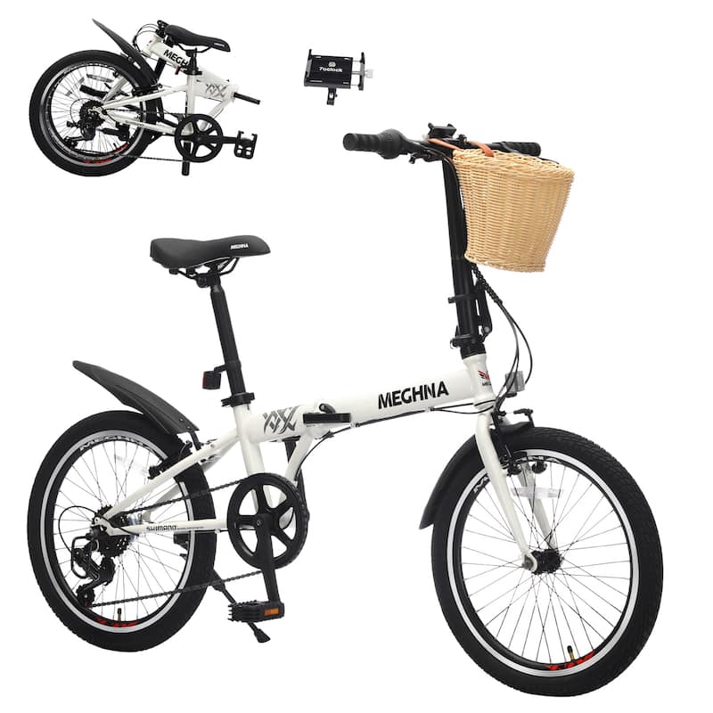 20 Inch Folding Bike, 6-Speed City Commuter Bicycle with Basket & Dual V-Brake, Portable Compact Bicycle, Steel Frame for Teens