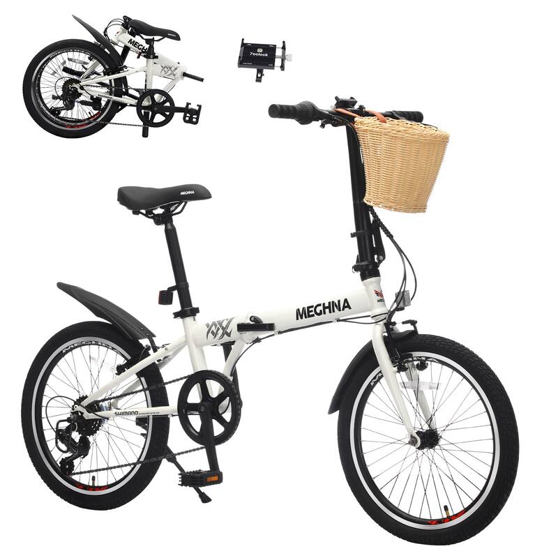 Folding City Bike - Steel Frame, 6-Speed, Basket, Phone Holder, Fenders, Dual V-Brake, Portable, Unisex Adult - 20