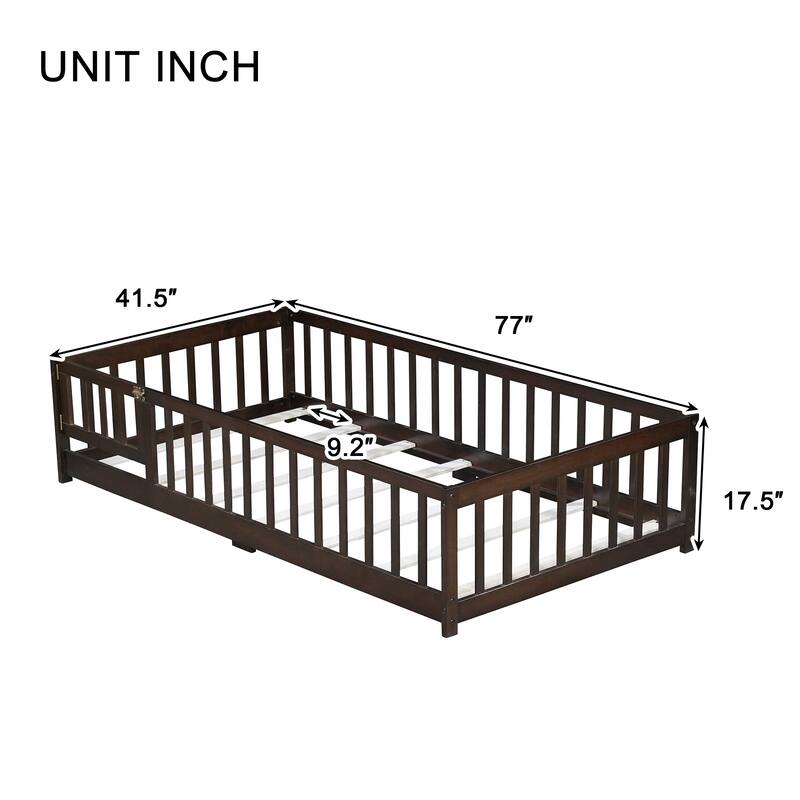 Twin Size Floor Bed with Fence and Door, Rubber Wood Frame with Safety Guardrails