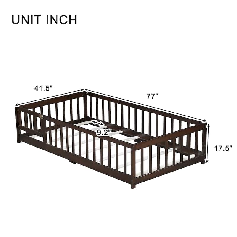 Twin Size Floor Bed with Fence and Door,Rubber Wood Floor Bed with Safety Guardrails