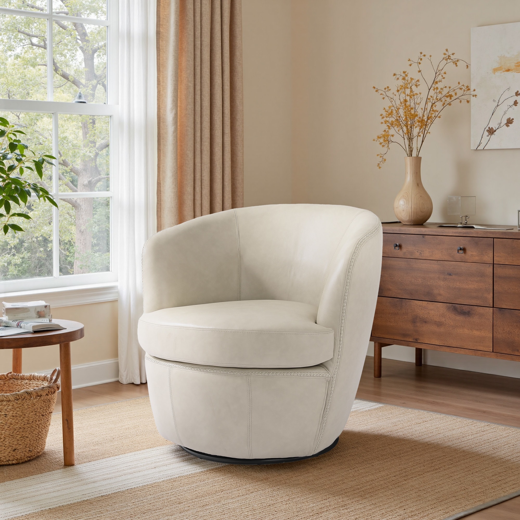 Faux Leather Swivel Barrel Accent Chair for Living Room