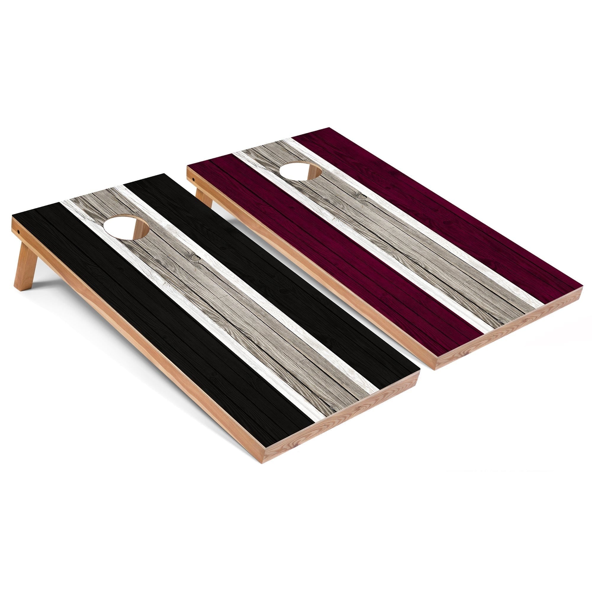 Solid Wood Cornhole Boards - Black and Maroon Stripes Design