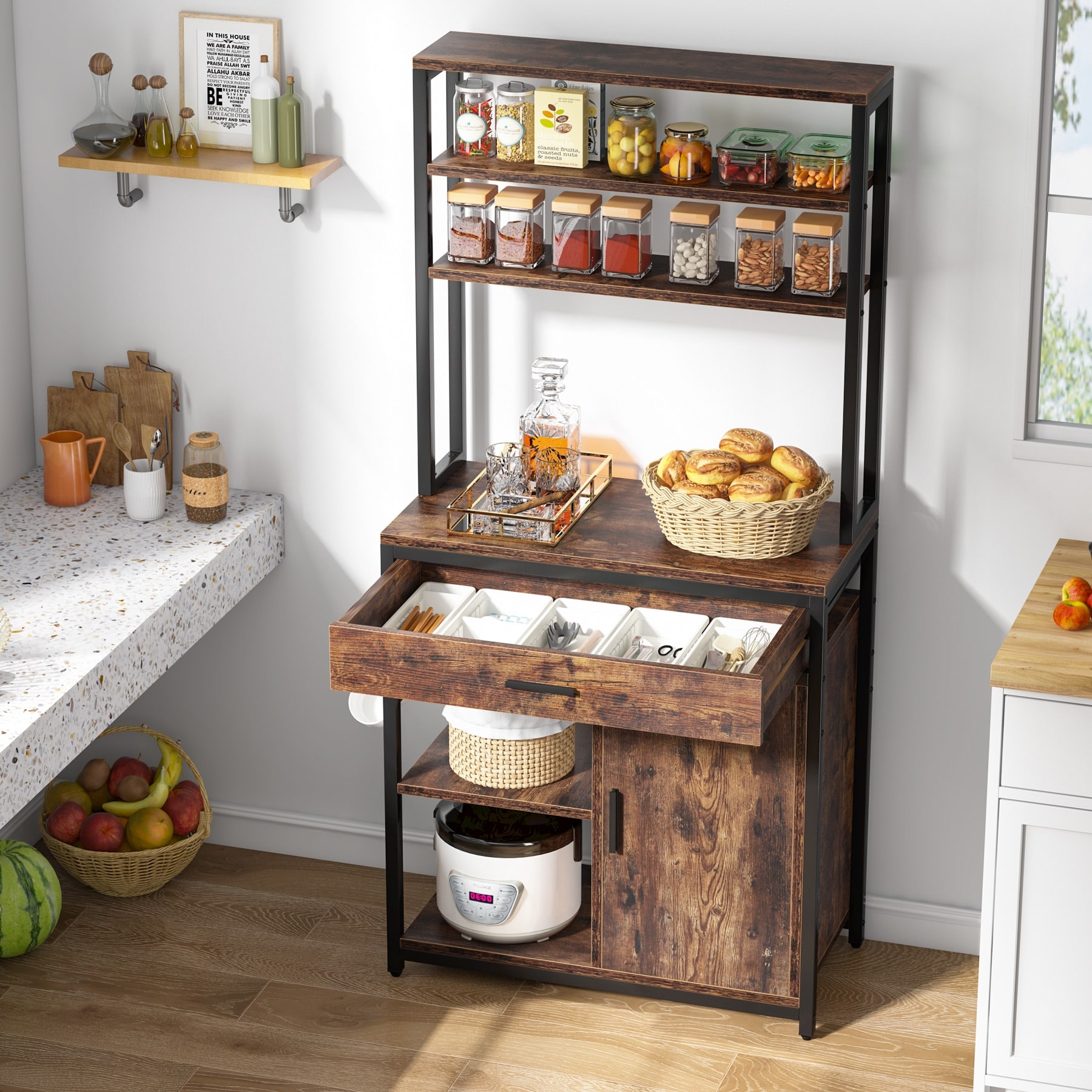 Brown/ Black Industrial 6-Tier Kitchen Bakers Rack With Hutch Brown/ Black Industrial 6-Tier Kitchen Bakers Rack With Hutch