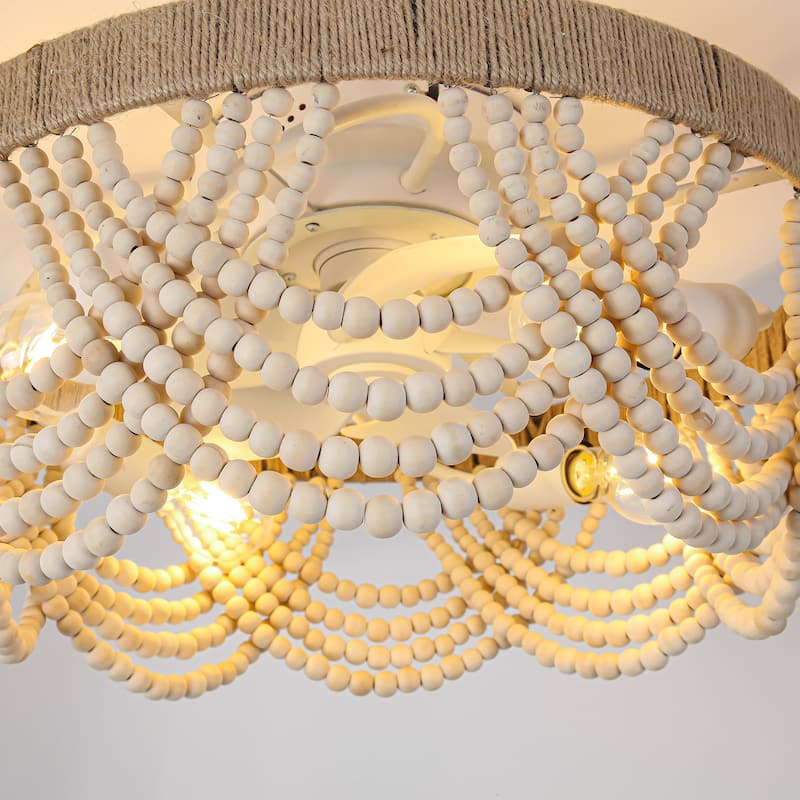 20" Smart Bohemian Wood Bead Beige Ceiling Fan with Remote and Light and APP Control - 19.7" D x 19.7" W x 10.1" H