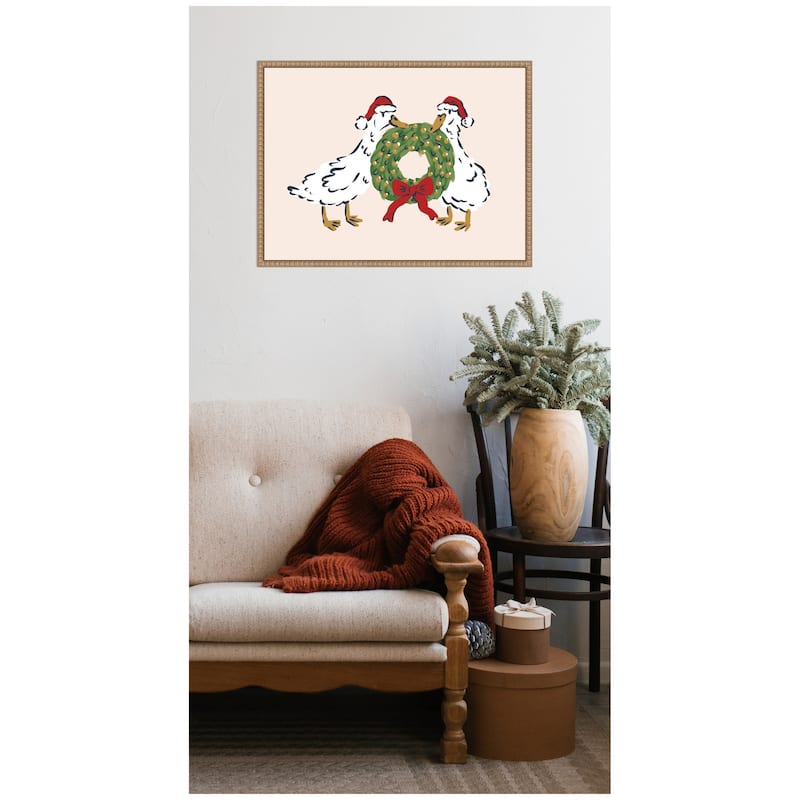 Kate and Laurel Sylvie Beaded Christmas Wreath Ducks Framed Canvas by Krissy Mast