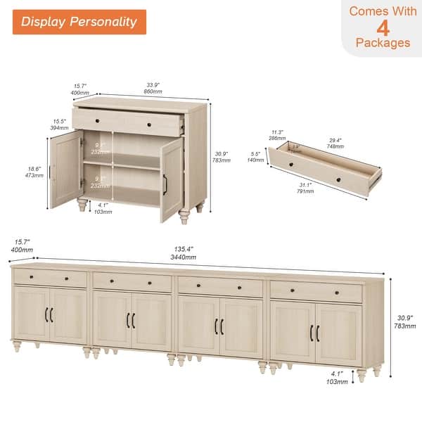 dimension image slide 7 of 8, Farmhouse Sideboard, Buffet Cabinet with Storage Cabinets