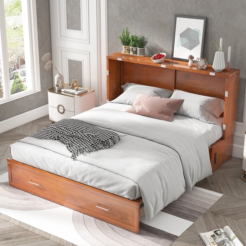Mixoy Queen Murphy Bed Cabinet Bed Chest with Mattress,Drawers,USB Charging Station