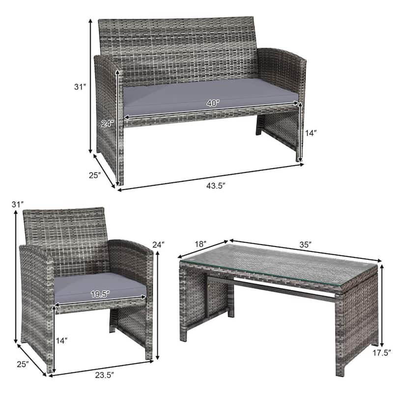 Gymax Set of 4 Rattan Furniture Set Conversation Glass Table Top