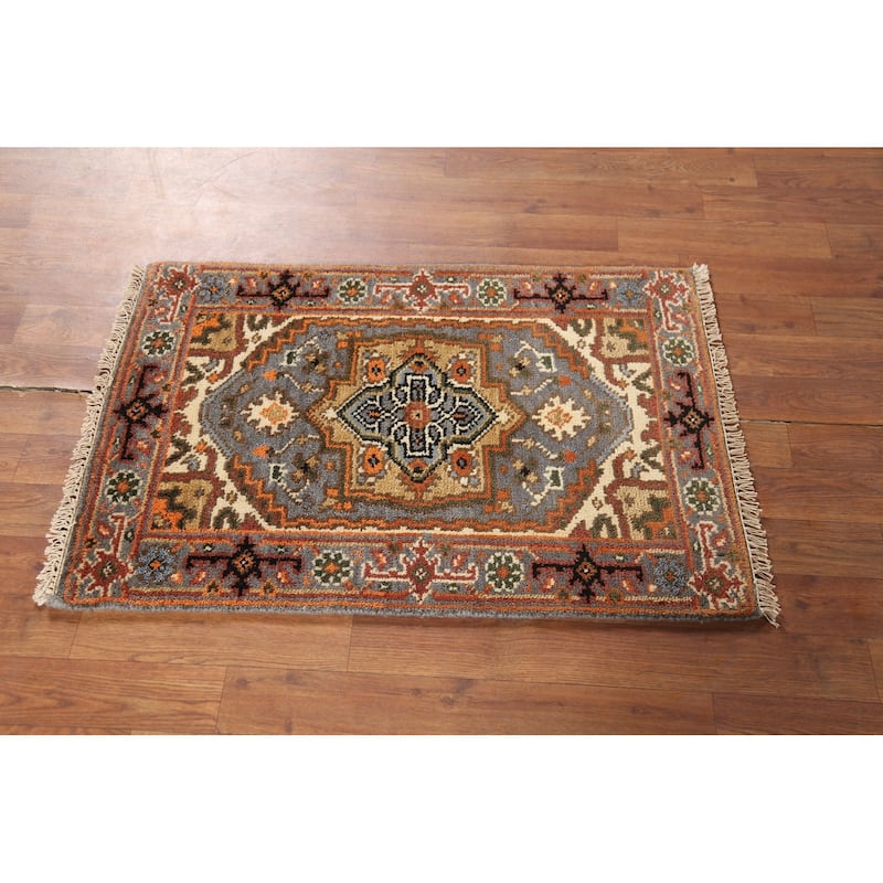 Gray Geometric Heriz-Serapi Indian Accent Rug Handmade Wool Carpet - 2'0"x 3'0"