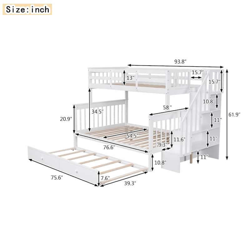 Twin-Over-Full Bunk Bed with Storage Stairway and Twin Trundle, Solid Pinewood Bunk Bed Frame, Divided Into 2 Individual Beds