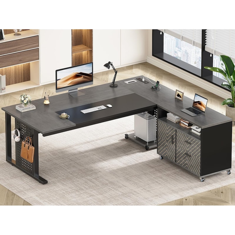 71" Executive Desk File Cabinet L Shaped Computer Desk Shelves - Rolling File Cabinet Grey