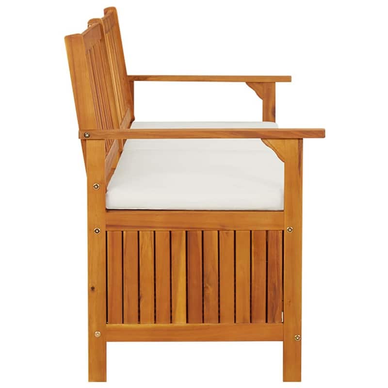 Outdoor Storage Bench, White Fabric Cushion, 66 Inch Brown Acacia Wood