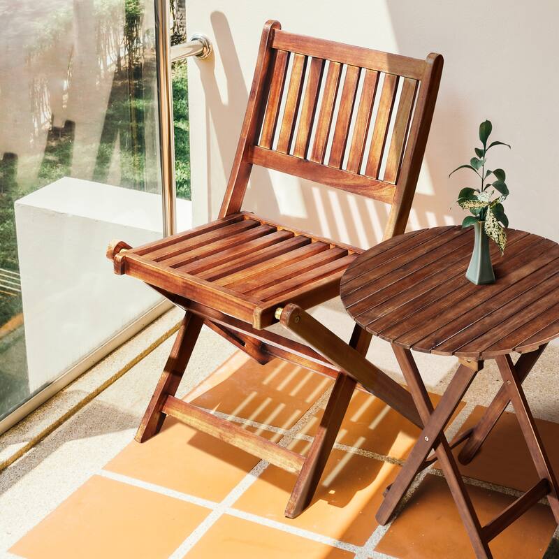 Farmhouse 3-Piece Acacia Bistro Set, Foldable Wood Patio Furniture with Coffee Table & Chairs, Space-Saving Set - LightBrown
