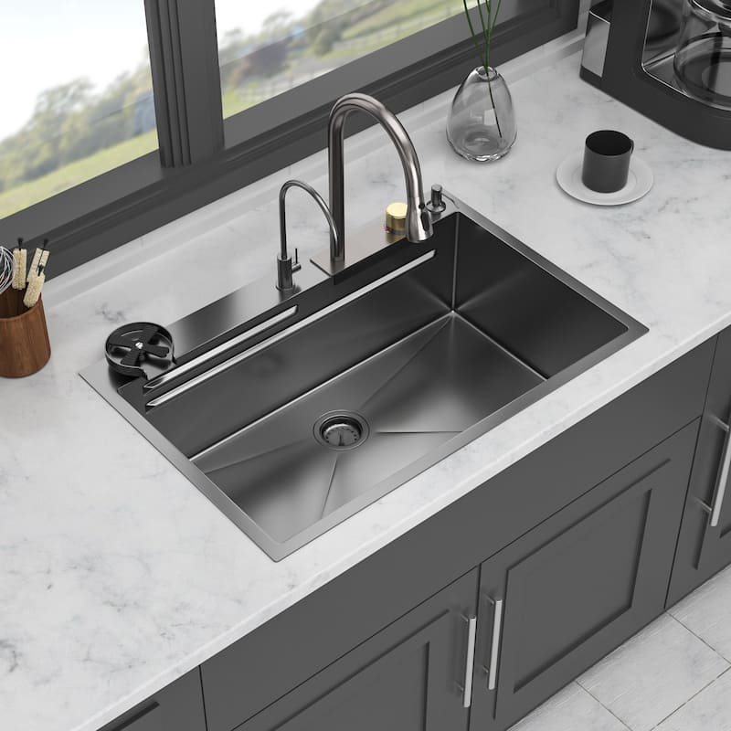 33 in. Drop-in Single Bowl 16 Gauge Gunmetal Black Stainless Steel Kitchen Sink Basin - 33" x 22" x 10"