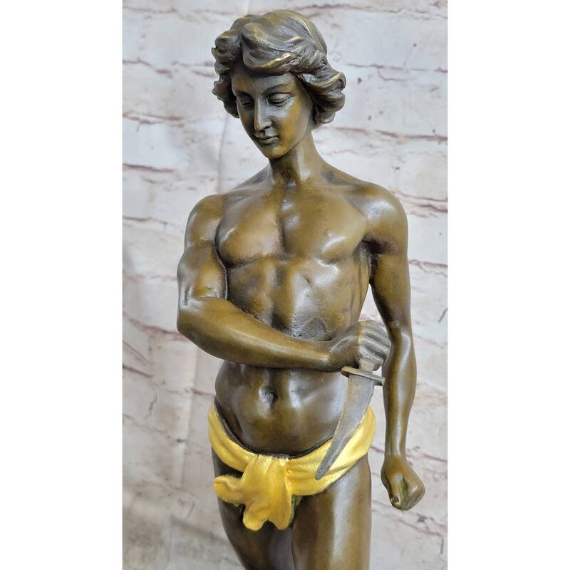 Hot Cast Art Deco Young Boy Killing Cougar With Dagger Bronze Sculpture Statue