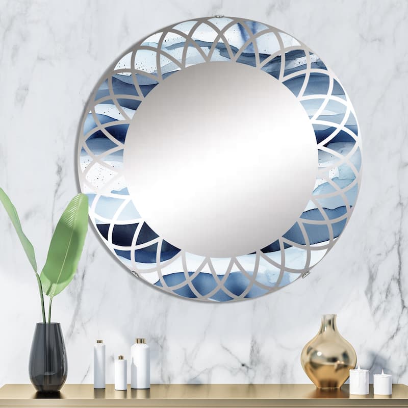 Designart "Abstract Classic Blue Waves II" Fractals Modern Wall Mirror - 32in.x32in.
