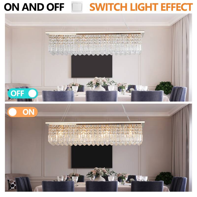 Modern Rectangular Crystal Chandelier 8-Light Gold Pendant Light Fixture for Dining Room & Bar