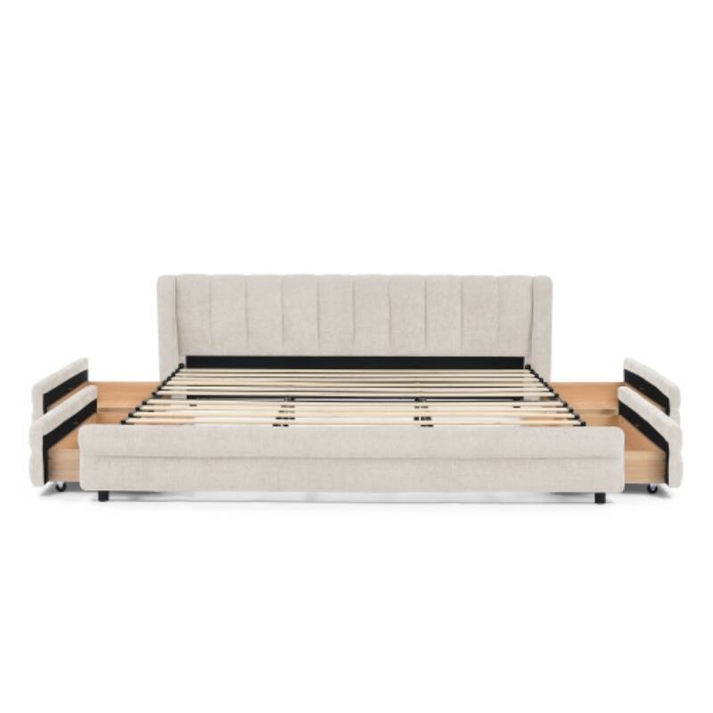 King Upholstered Bed Frame with Storage Drawer, Thick Padded Headboard & Solid Frame in Chenille Fabric