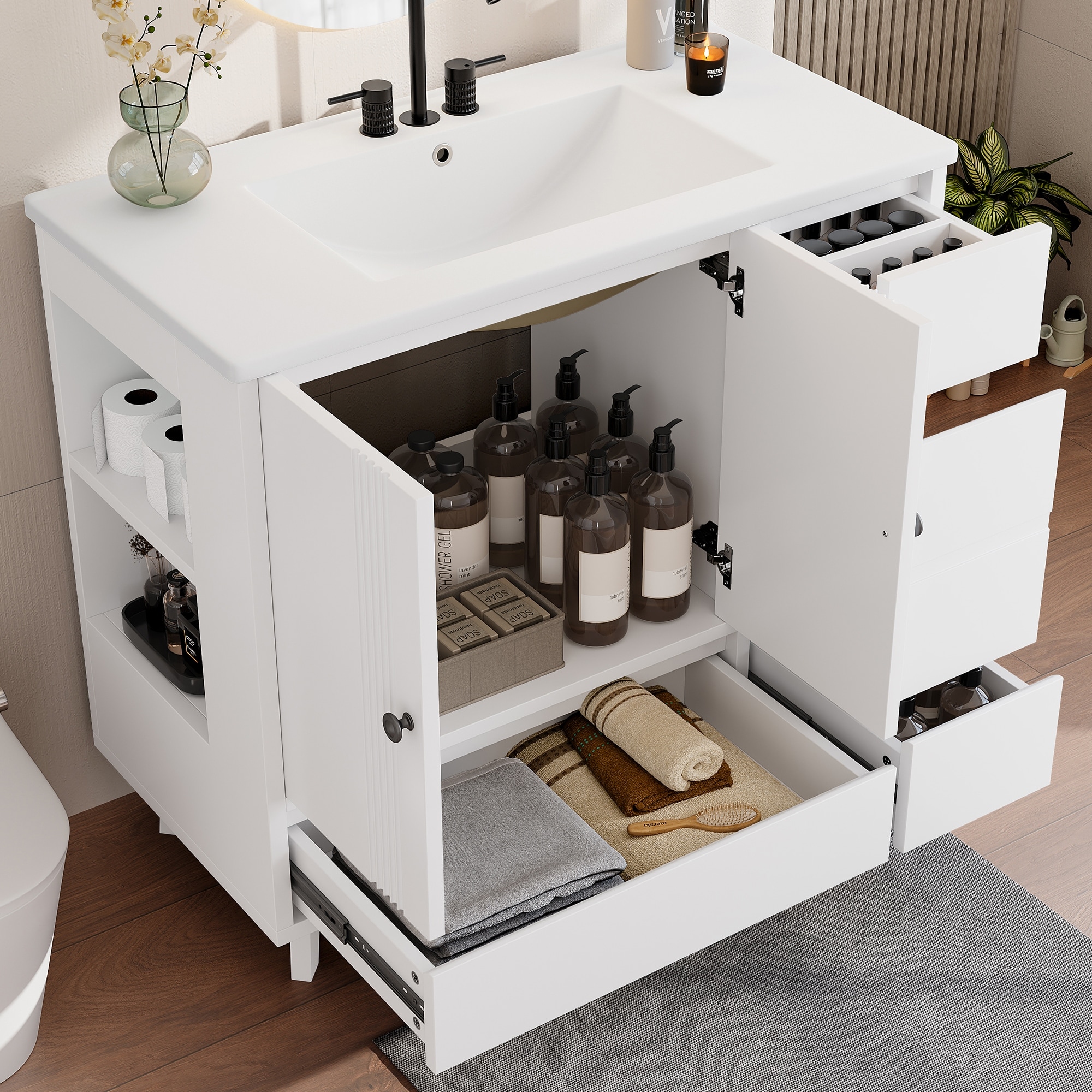 36" Bathroom Vanity with Sink, Free Standing Single Vanity Set with 4 Drawers and Side Storage Rack