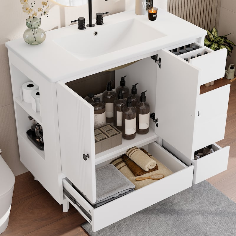 36" Bathroom Vanity with Sink, Free Standing Single Vanity Set with 4 Drawers and Side Storage Rack - Light White