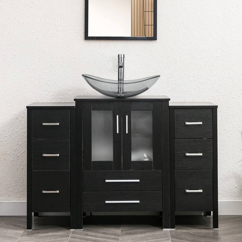 48" Bathroom Vanity Set Vessel Sink Faucet W/ Small Cabinet Combo - Glass clear boat sink - Black