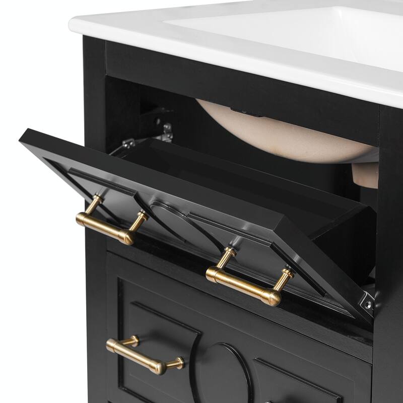 24" Bathroom Vanity with Ceramic Sink Combo, Free-Standing Single Vanity Set with 3 Drawers