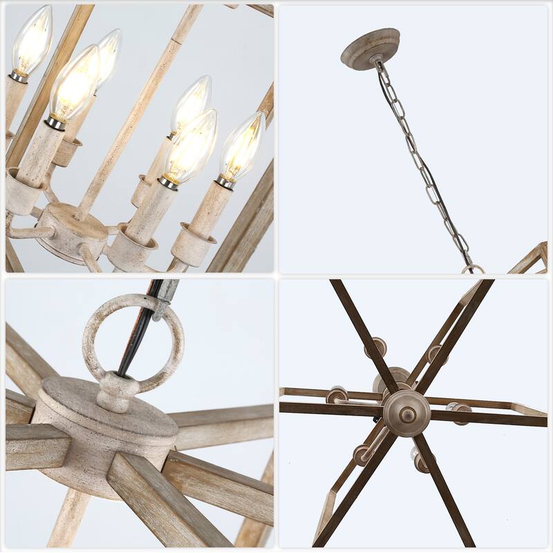 Oaks Aura Wooden Chandelier,Rectangular Frame Pendant Light,Farmhouse Hanging Lamp,Height Adjustable for Living Room,Dining Room