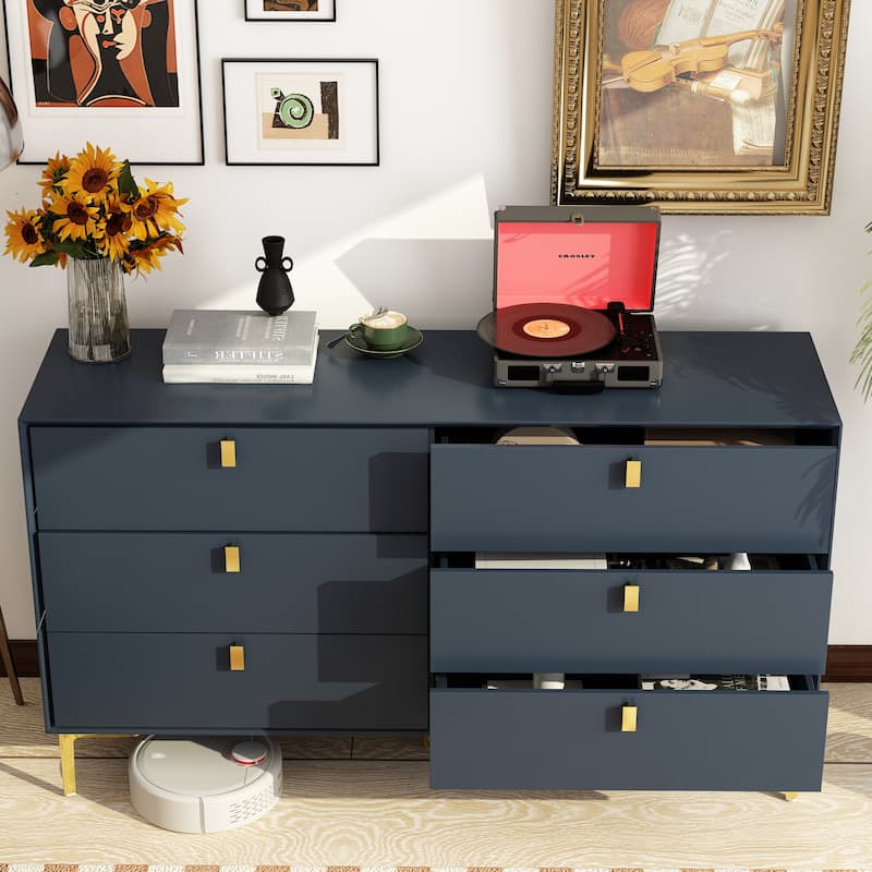 55.1"W 6-Drawer Double Dresser Black Gold Storage Cabinet Chest
