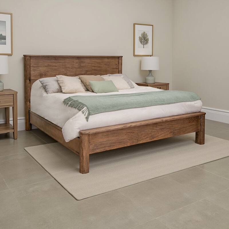 Olum Queen Size Bed, Mango Wood, Grain Details, Rounded Edges, Rustic Brown