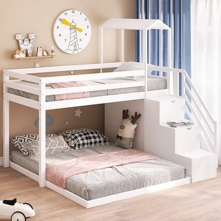 White Twin over Full House Roof Bunk Bed with Staircase and Shelves ...