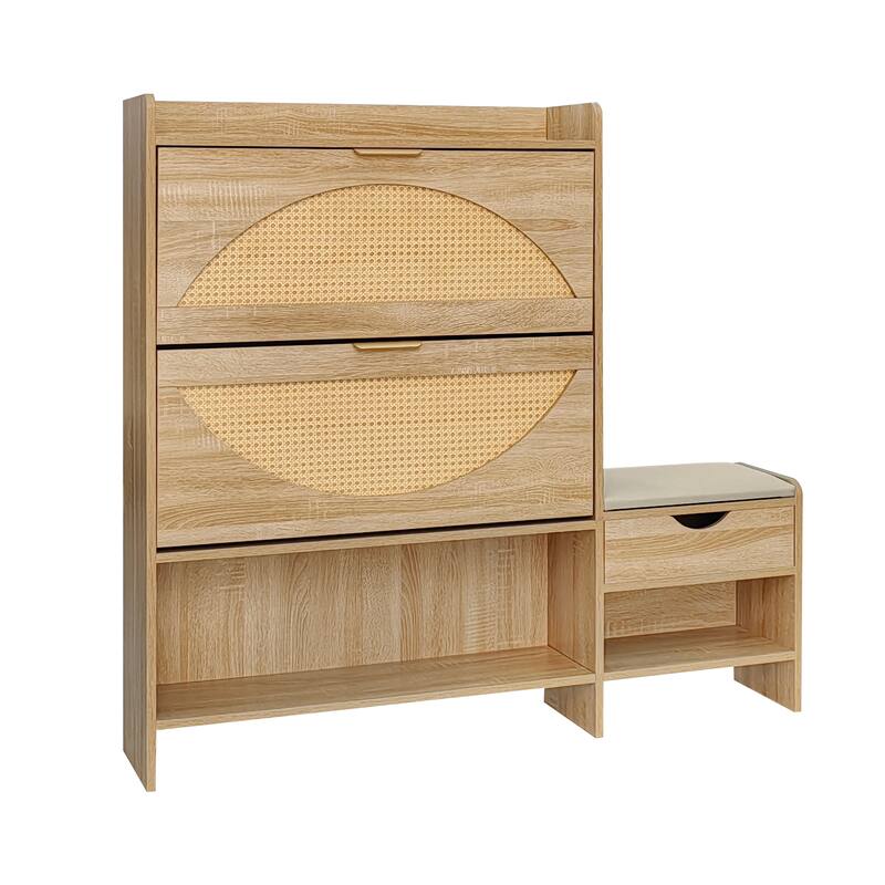 47.2" Rattan Shoe Storage Cabinet with 2 Flip Drawers, Narrow Shoe Rack Cabinet with 1 Storage Drawer & Bench for Hallway