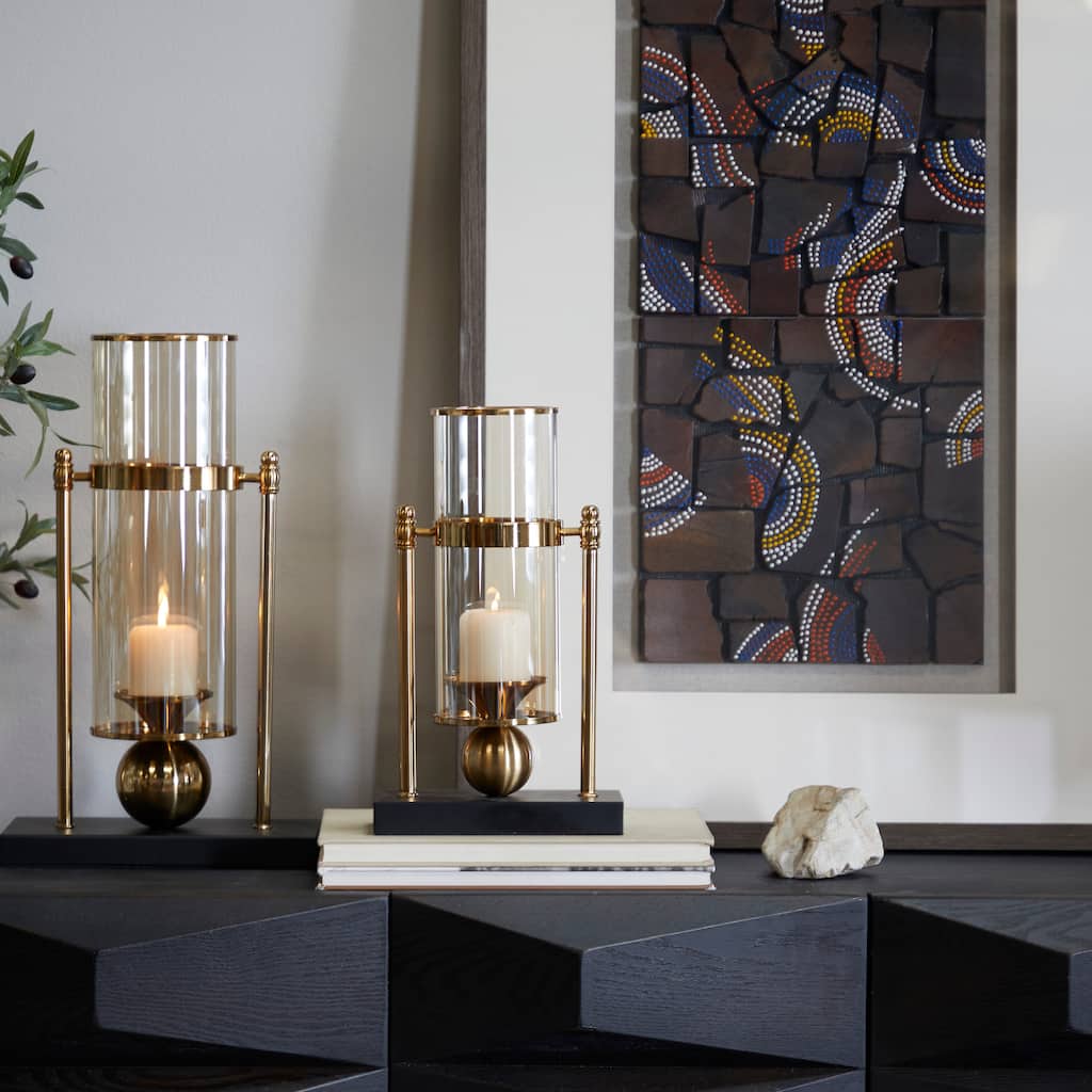 CosmoLiving by Cosmopolitan Gold Metal Pillar Hurricane Lamp with Metal Stand