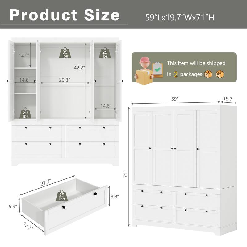 Gyomojoy Large White Wardrobe Closet with Drawers & Doors, Modular Armoire with Hanging Rods, Apartment & Dorm Storage