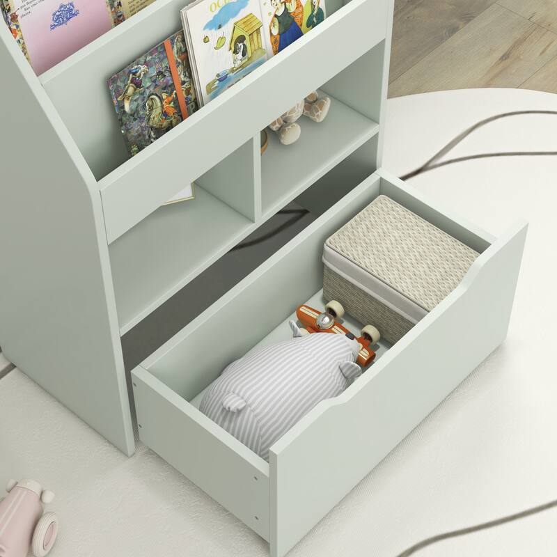 Kids Bookcase Multi-Shelf Rack Organizer with Storage Drawer for Books, Playroom, Pale Green - Green