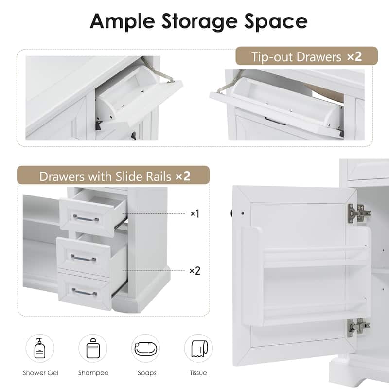 36" Bathroom Vanity Set with Ceramic Undermount Sink, Soft-Close Hinges & Tip-Out Drawers for Smart Storage