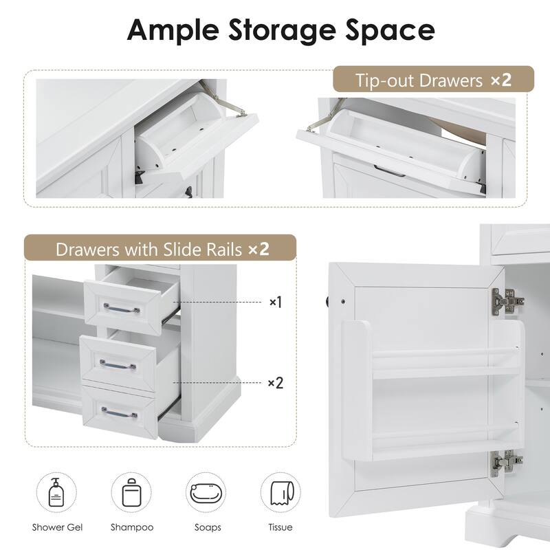 36" No-Installation Bathroom Vanity Set with Ceramic Undermount Sink,2 Tip-Out Drawers & Soft-Close Hinges