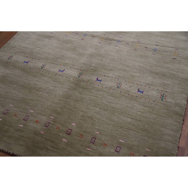 Hand Knotted Oriental 100% Wool Carpet Tribal Animal Pictorial Green Gabbeh Area Rug - 7' 8'' X 4' 11''