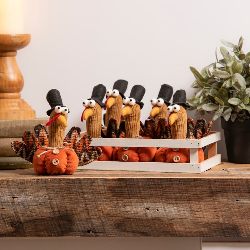 5" Fabric Turkey Table Decor in 6 piece Wooden Tray