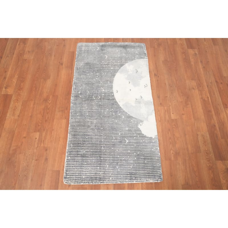 Hand Knotted Oriental Viscose Silk Carpet Modern Pictorial Greys & Charcoal Abstract Area Rug - 4' 0'' X 2' 0''
