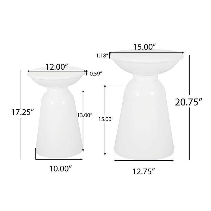 Suma Outdoor Side End Table Set of 2, Round Top, Pedestal, White Iron