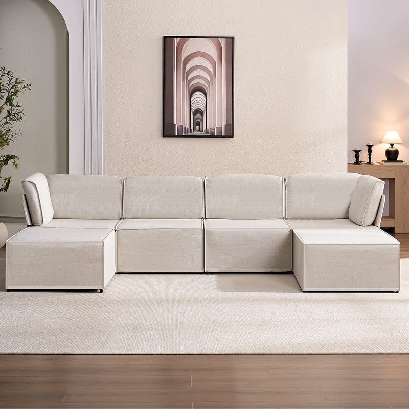 Mixoy Oversized Modular Sectional Sofa, U/L-Shaped Couch with Deep Seat, Ottoman, Convertible Modern Linen Sleeper Sofa Bed - Beige - Reversible