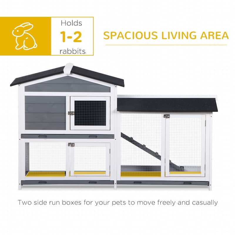 Grey-White Large Wooden Bunny Hutch with Ramp Run Box and Black Weather-Resistant Roof - 62" L x 20.75" W x 36.75" H