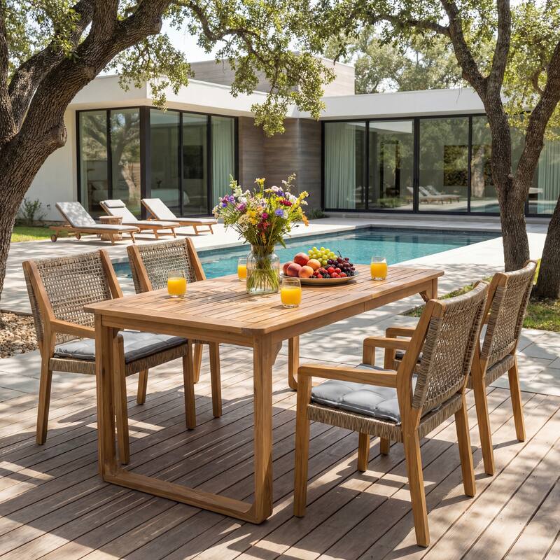 Christopher Knight Home - Ronan Outdoor Acacia Wood Dining Set with Wicker Back Chairs & Curved Leg Dining Table, Teak Finish