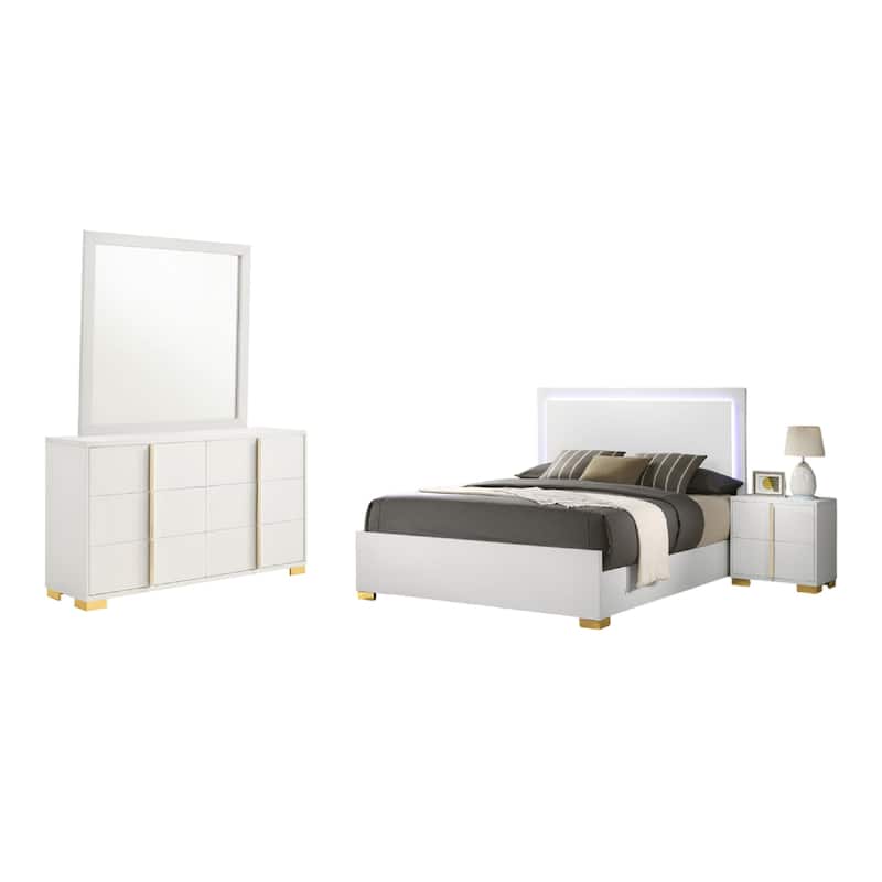 Dex 4pc Queen Bedroom Set with Modern LED Headboard, Mirror, White