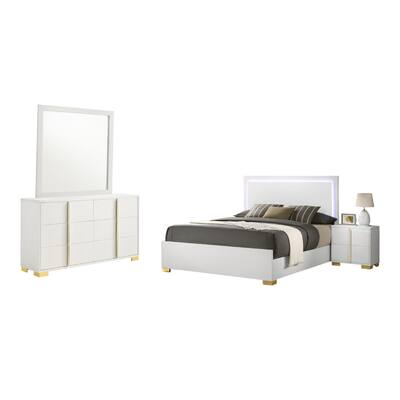 Dex 4pc Queen Bedroom Set with Modern LED Headboard, Mirror, White