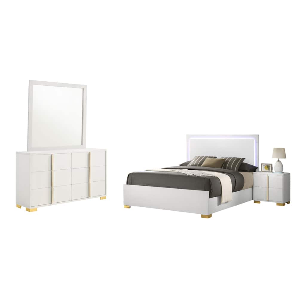 Dex 4pc Queen Bedroom Set with Modern LED Headboard, Mirror, White