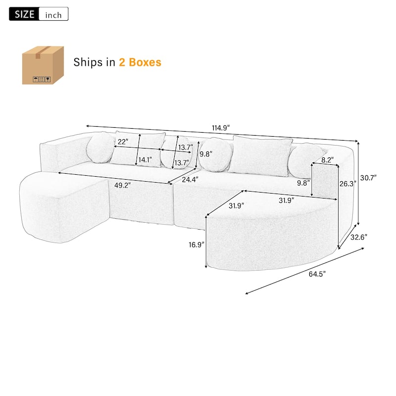 Curved Modular Sectional Boneless Upholstered Sofa Convertible Sleeper Sofa Bed, Free Combination, Boucle Deep Seating Sofa