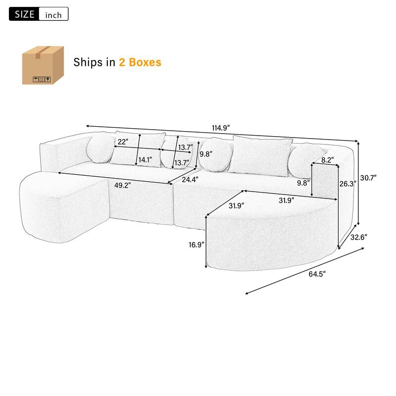 Roomfitters Modular Boneless Sectional Sofa Bed with Deep Seating and Curved Design for Living Room